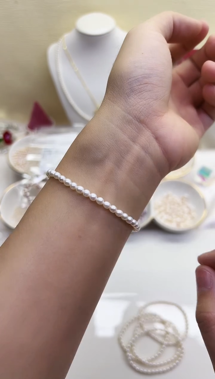 银S925镶嵌手链淡水珍珠极光白小米3-4mm