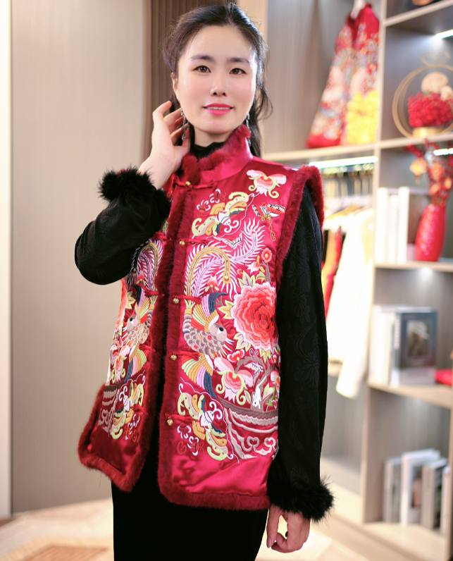 (国色天香马甲)新中式马夹百搭背心加厚坎肩重工刺绣时尚气质外搭