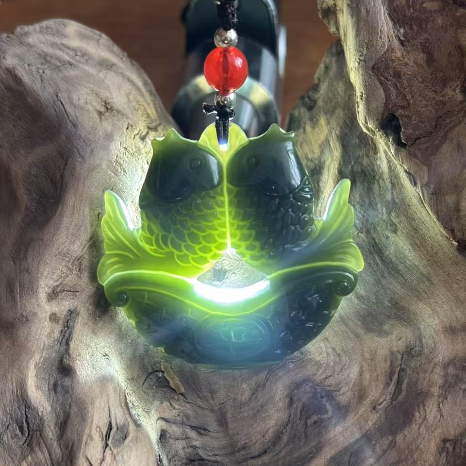 【李总福利】冰种绿料原石未镶嵌多样性发一和田双鱼吊坠+原石