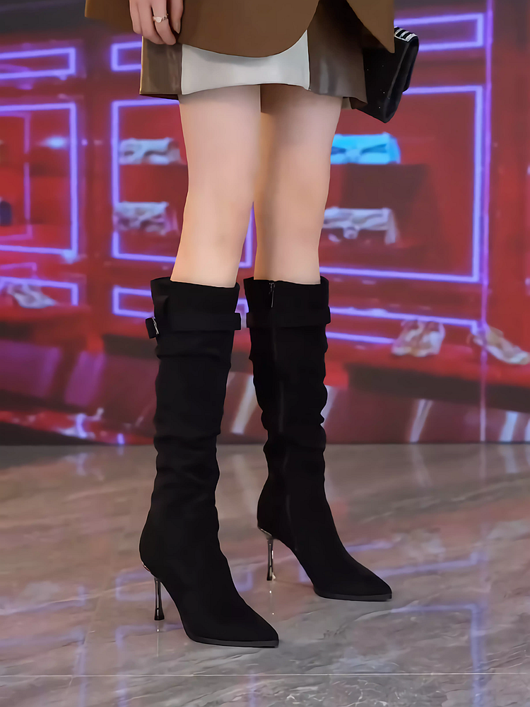 欧美风尖头皮带扣细跟不过膝长靴秋冬季绒面优雅显瘦时装靴骑士靴