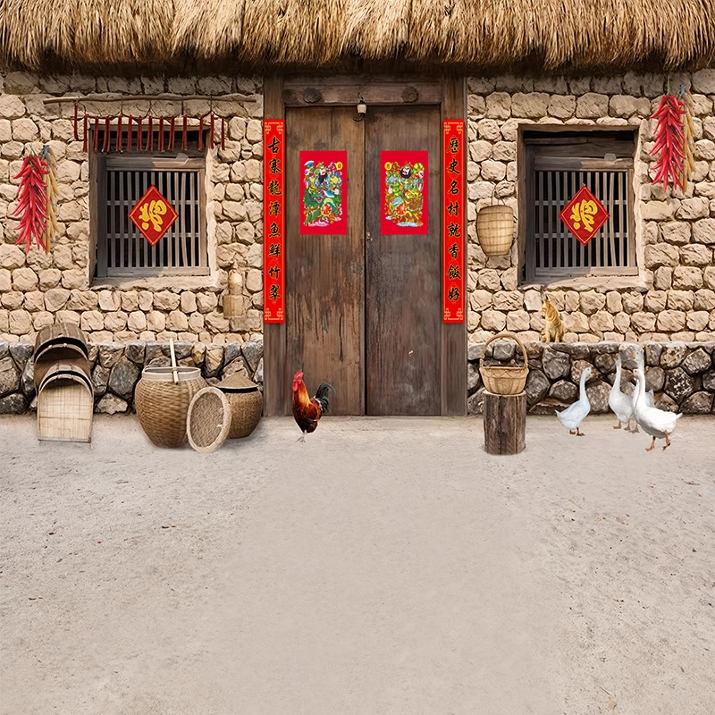 抖音主播直播间背景墙3d立体农村老房子丰收农产品带货拍照背景布