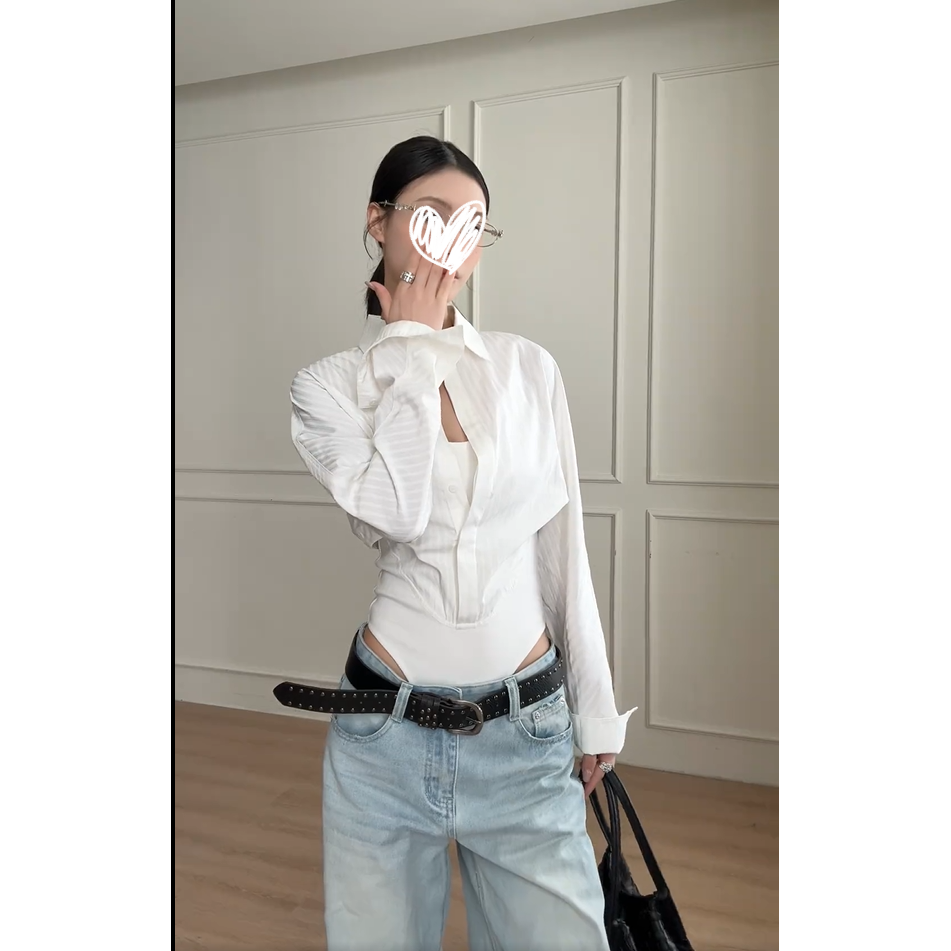 修身假两件连体衬衫夏季法式薄款收腰显瘦百搭别致外穿衬衣女装潮