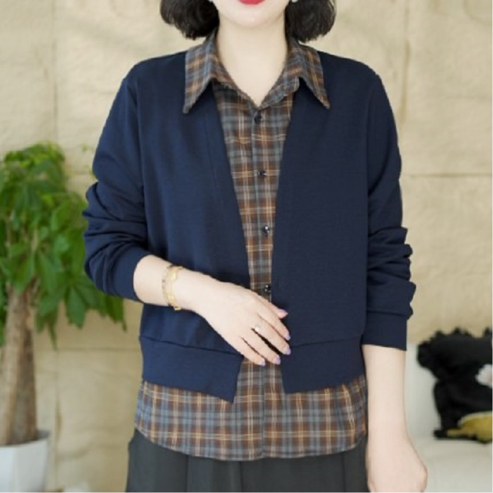 秋季新款时尚拼接格子衬衫休闲气质假两件妈妈装春秋百搭长袖开衫
