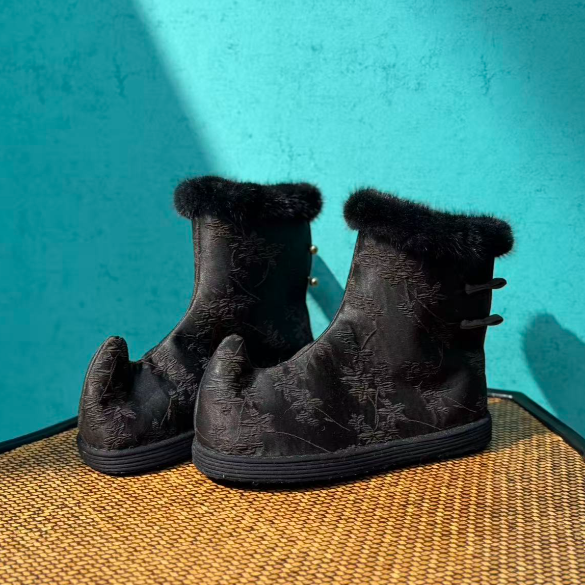 黑色翘头靴手工千层底布鞋