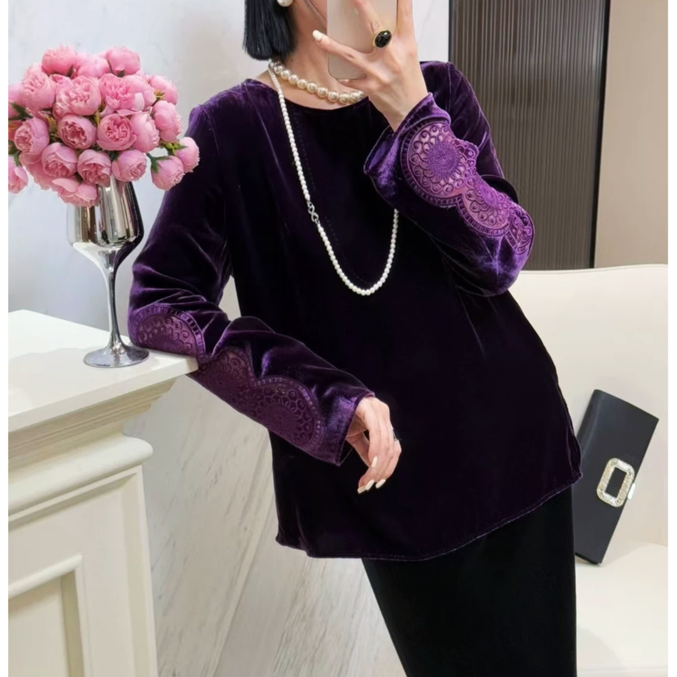 【大眼睛】重磅桑蚕丝丝绒圆领套头上衣袖口重工刺绣设计感上衣