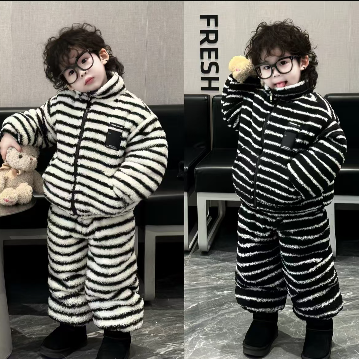 男女童家居服套装冬季2025新款三层加厚加绒条纹上衣裤子两件套潮