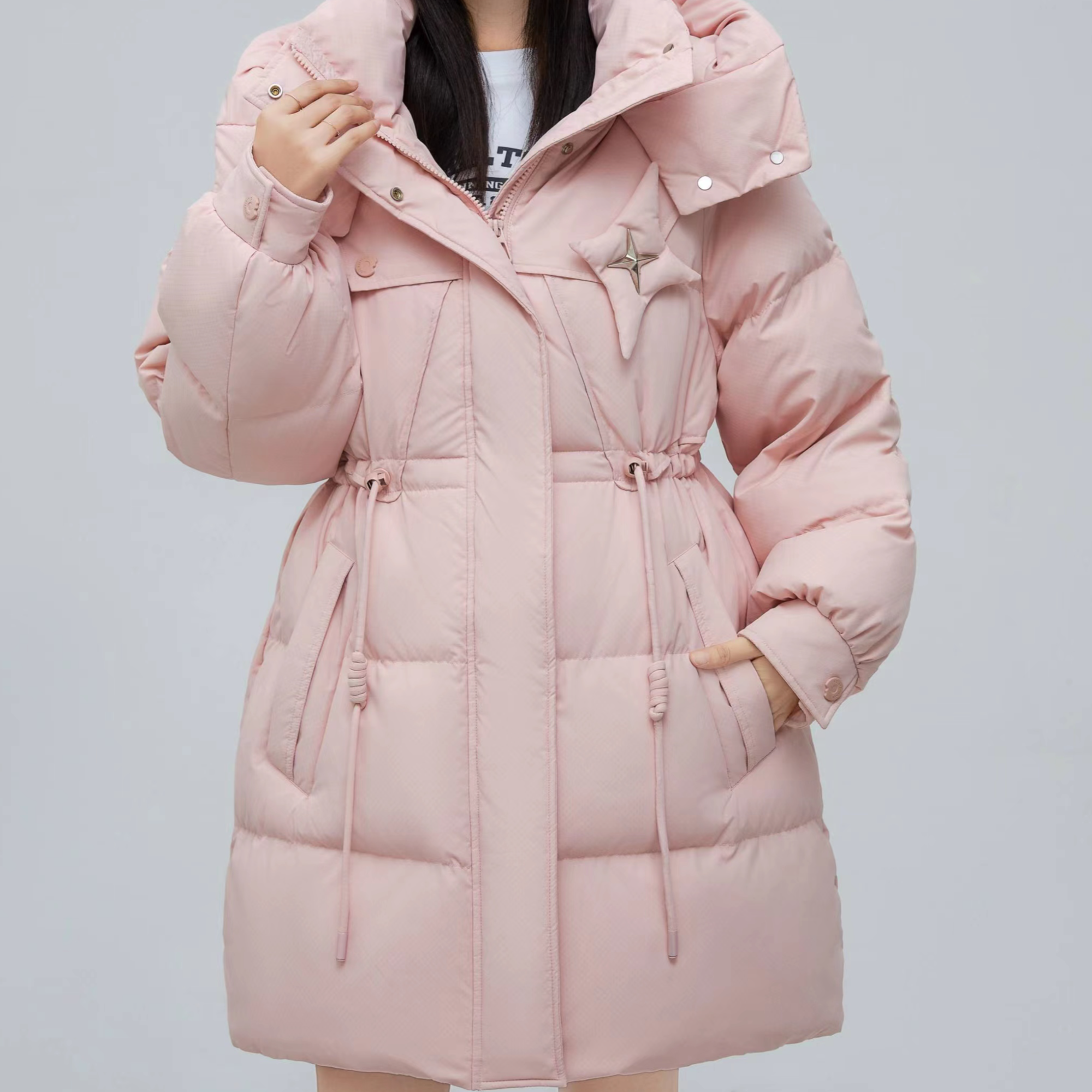 YAYA/鸭鸭保暖拼接厚款连帽女中长款加厚女款城市机能风宽松收腰