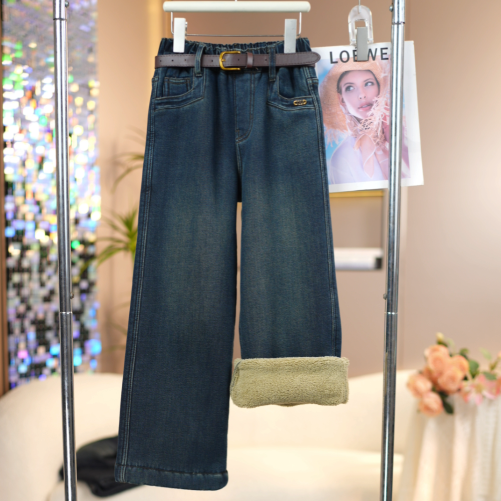 女童【特厚糕糕绒】口袋缝标牛仔裤2025冬季新款中大童加绒直筒裤子