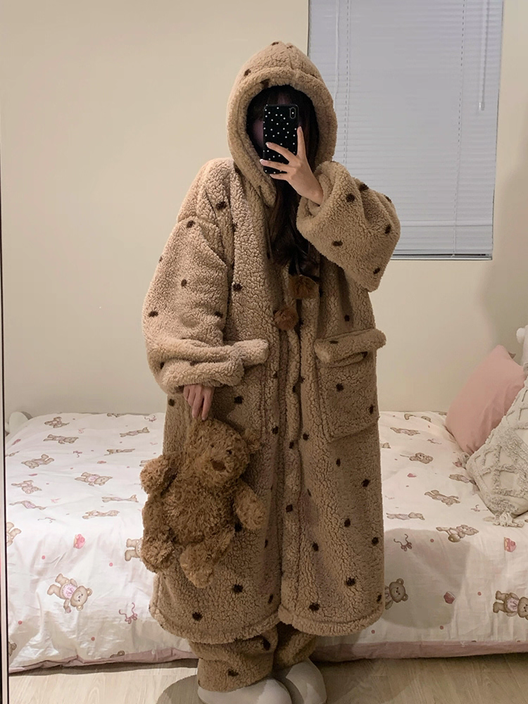 冬季新款少女加绒加厚连帽珊瑚绒睡袍套装大码宅家居家服
