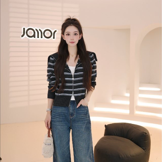 Jamor翻领条纹针织开衫DDZ579982