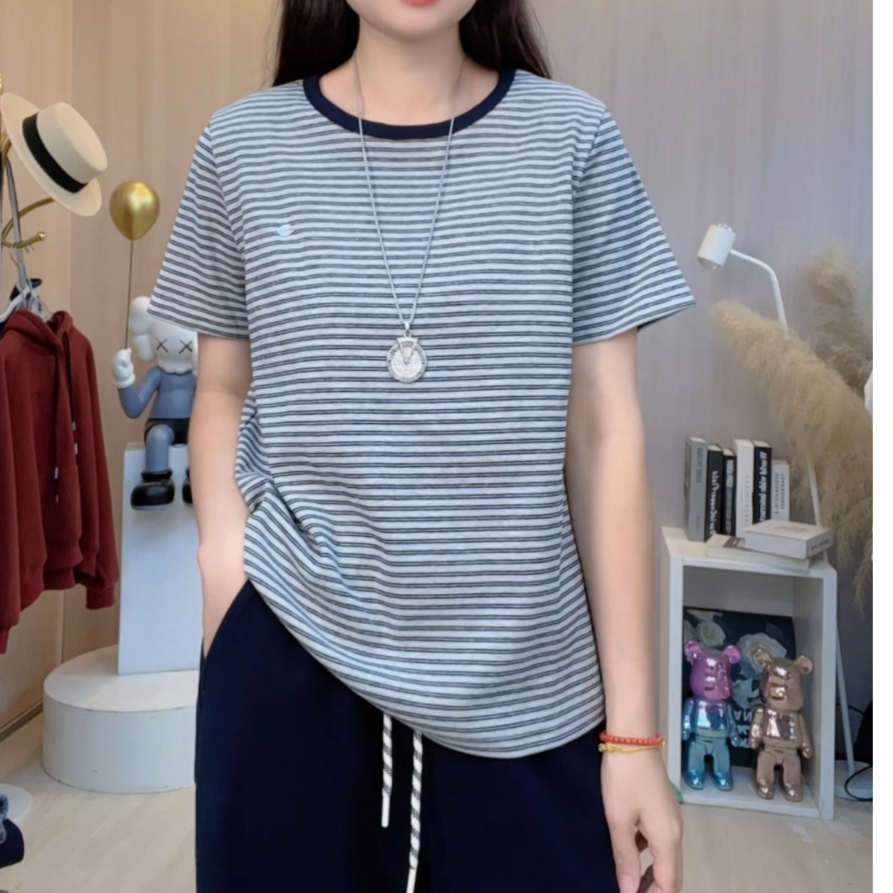 2025秋季新款韩版宽松圆领百搭上衣条纹短袖T恤女B196