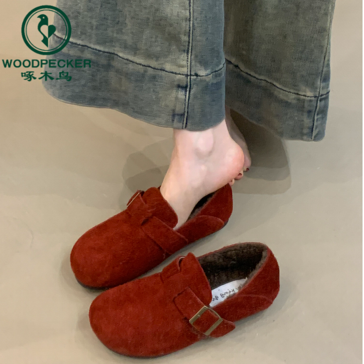 啄木鸟复古红色勃肯鞋女秋冬外穿加绒保暖棉鞋皮毛一体平底单鞋