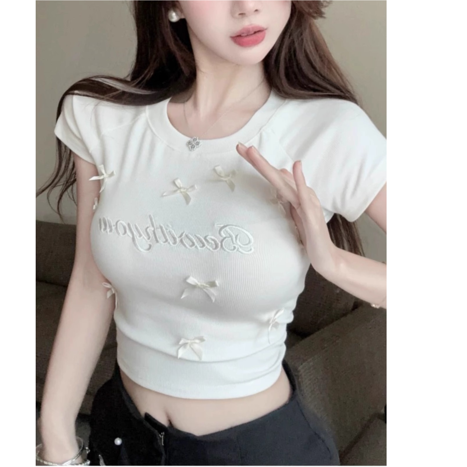 夏季蝴蝶结刺绣纯欲风辣妹减龄夏季新款正肩T恤漂亮小衫短款上衣