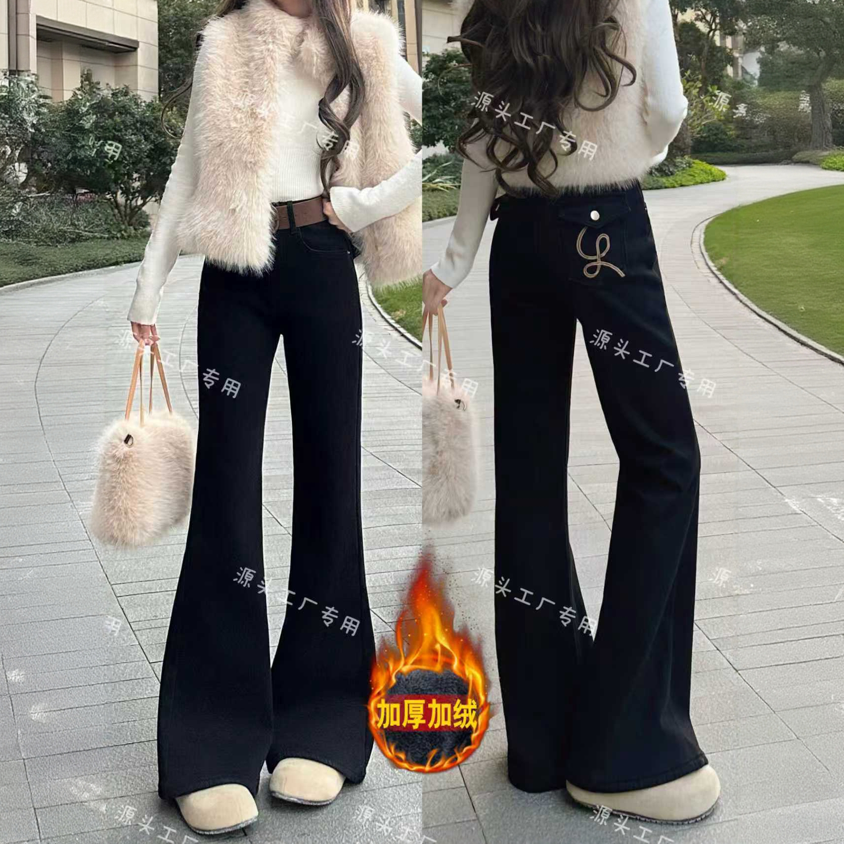 【单裤/加绒】秋冬极简风阔腿微喇牛仔裤女绣花刺绣裤子加绒加厚