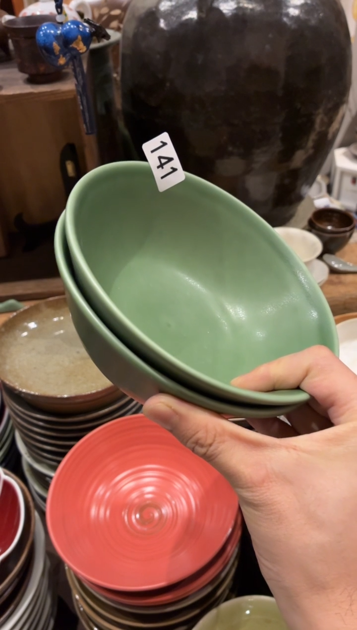 瓷片小*条141绿色手工碗2个