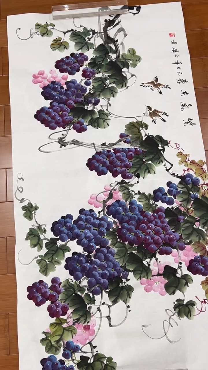 国画【福利，纯手工手绘】张文锦葡萄横幅138*68厘米