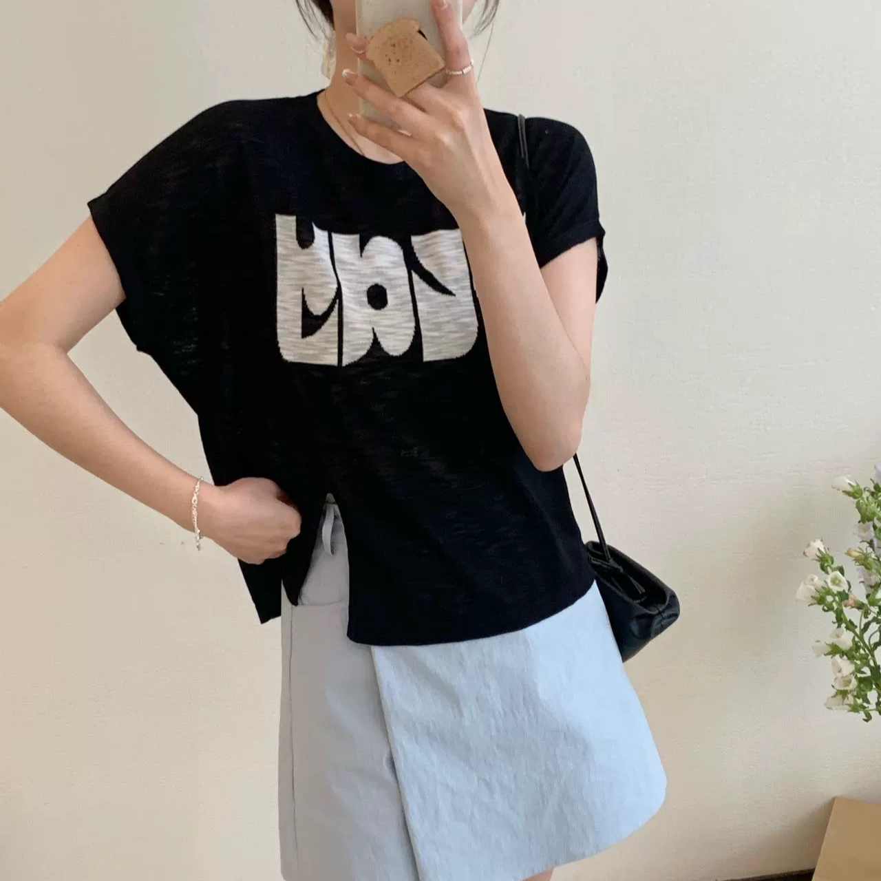 Pada嘻&VE【侧边收腰】不规则下摆设计针织短袖 0484  Hi Fortune