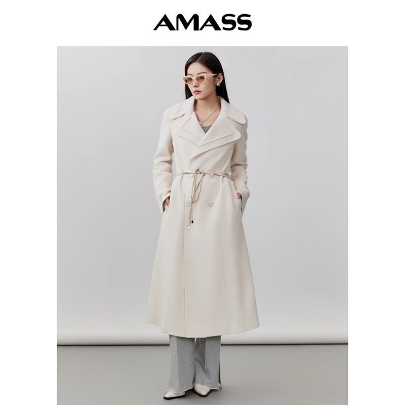AMASS/阿玛施时尚气质长款双面呢翻领双排扣大衣附细腰带5400630