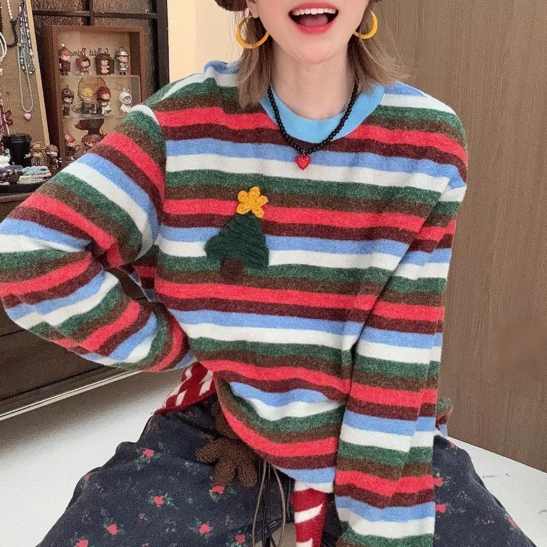 【羊毛&圣诞树长袖打底Tee】秋冬新款圆领氛围感圣诞树长袖TDF555