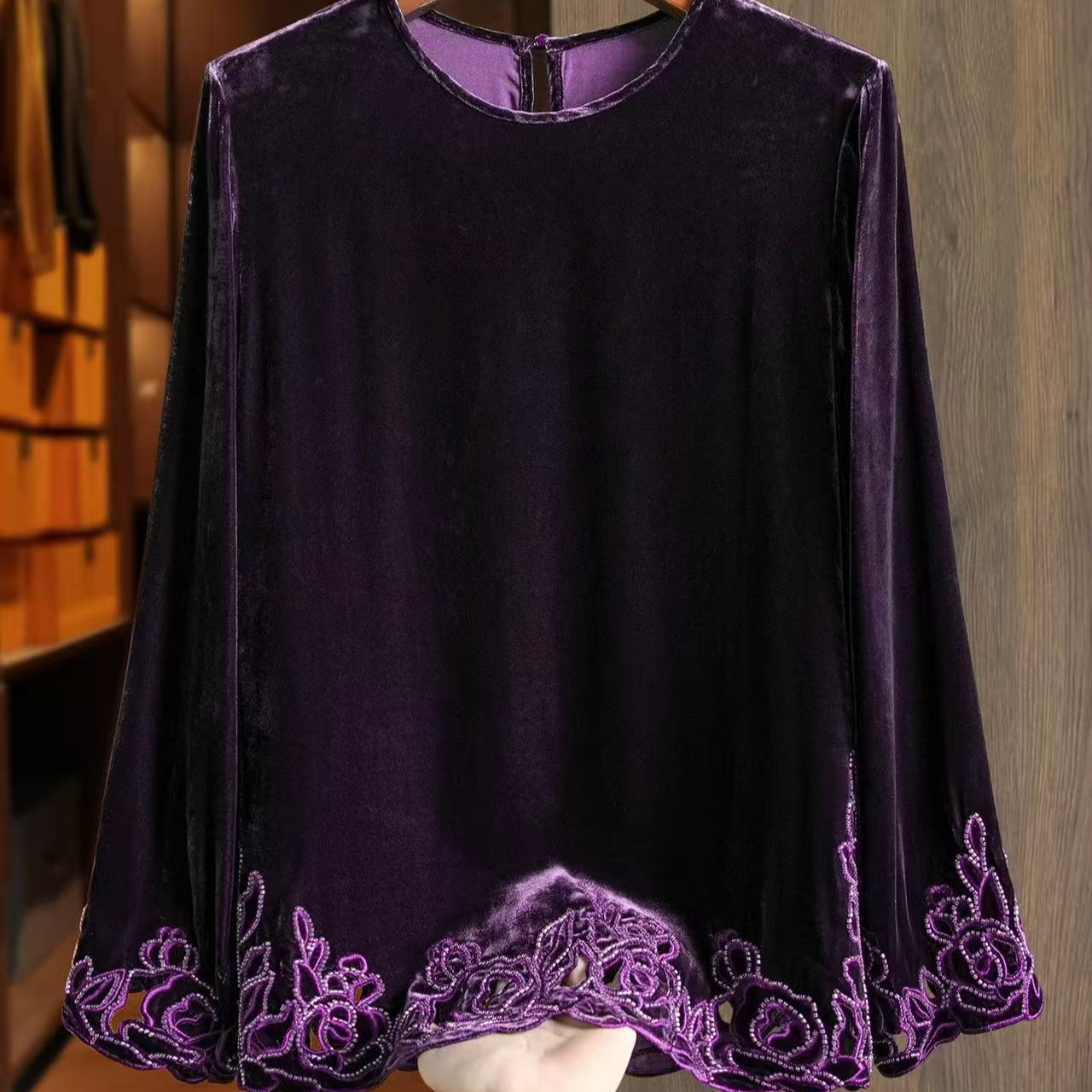 Momo100桑蚕丝真丝丝绒钉珠衬衫轻奢减龄百搭高贵上衣