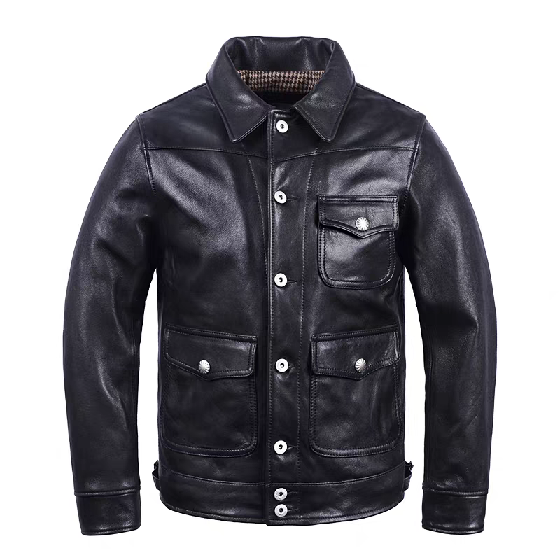 农场主皮夹克蜡染植糅山羊皮真皮皮衣男士翻领机车无涂外套春秋款