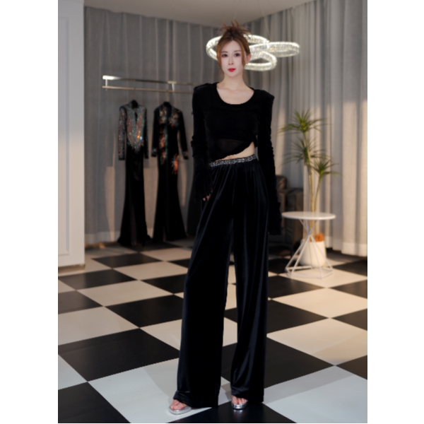 秋季显瘦直筒时尚宽松垂感丝绒松紧腰休闲裤阔腿裤纯色气质