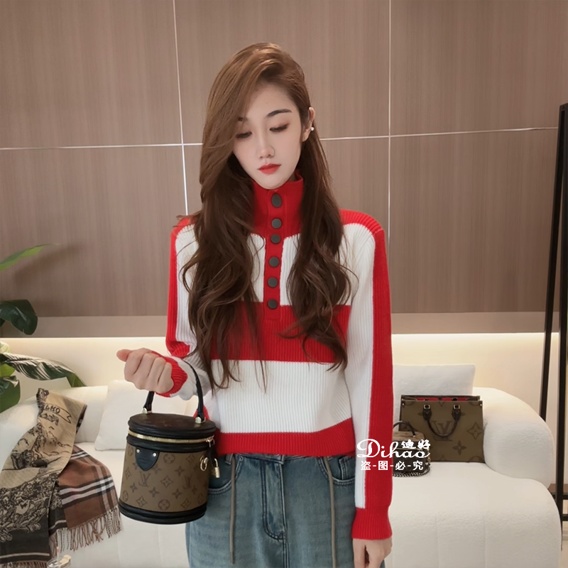 11099【迪好严选】秋冬季新款条纹撞色立领加厚时尚冬季保暖套头
