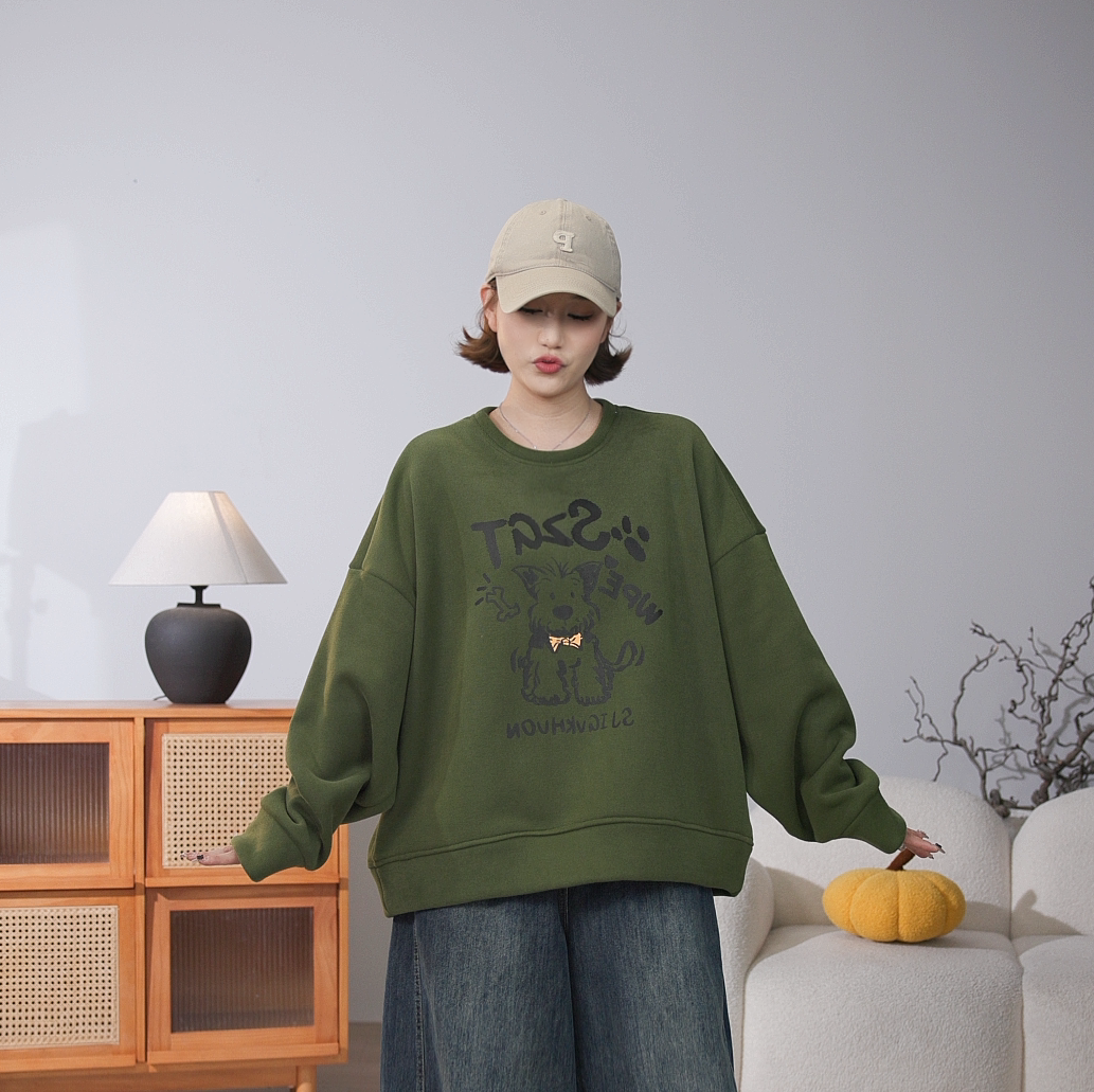 美式复古趣味可爱小狗印花加厚宽松卫衣