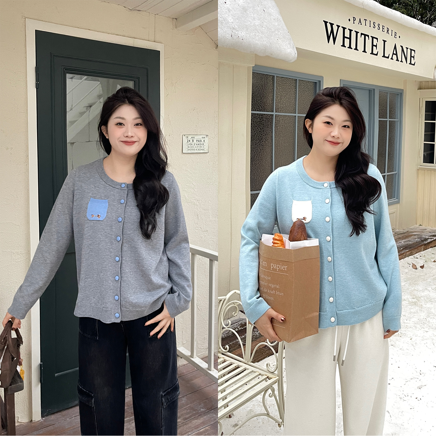 裂渡宣宣【口袋惊喜】拼接针织上衣女冬百搭显瘦毛衣开衫ZY508F34