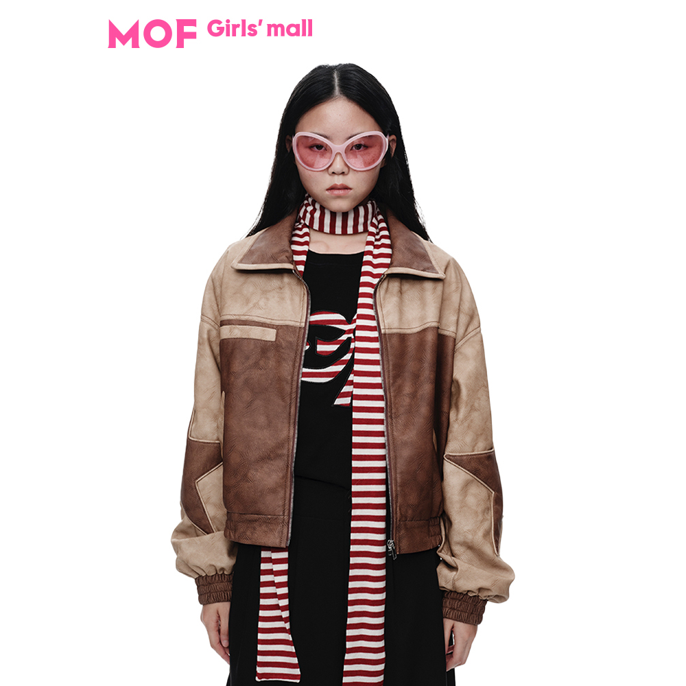 MOF少女百货 美拉德星星皮夹克拼接外套  复古机车撞色PU拼接夹克