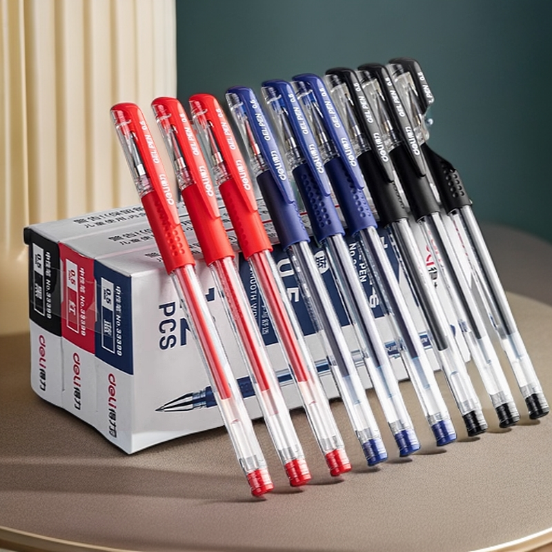 得力中性笔文具批改作业黑色笔0.5mm拔帽子弹头红笔办公用蓝色
