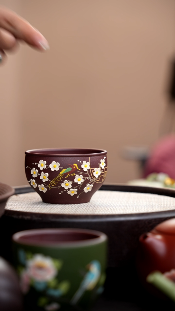 茶壶紫砂紫泥大碗杯泥绘梅花