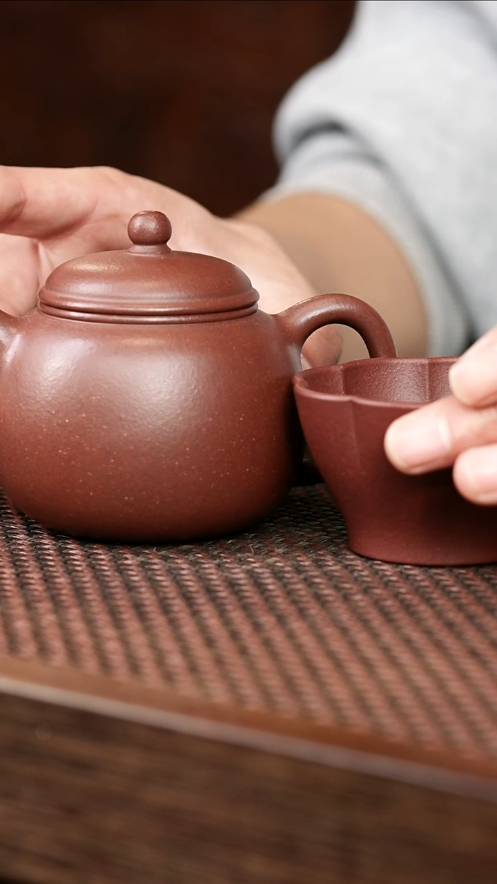 茶壶紫砂紫泥小匏尊+葵口杯
