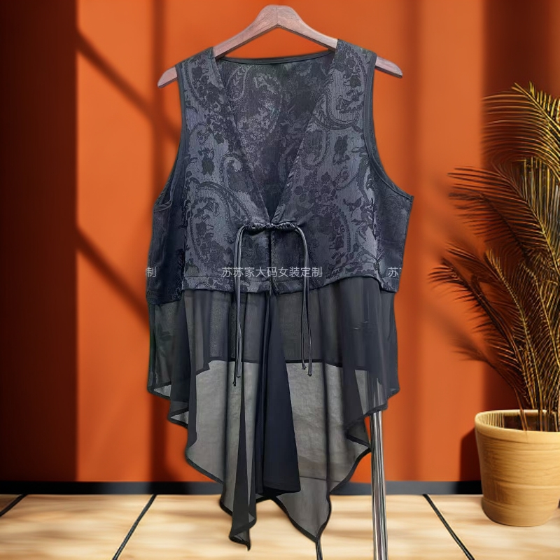 529黑色腰果拼接国风马甲女复古大码时尚百搭气质短款背心