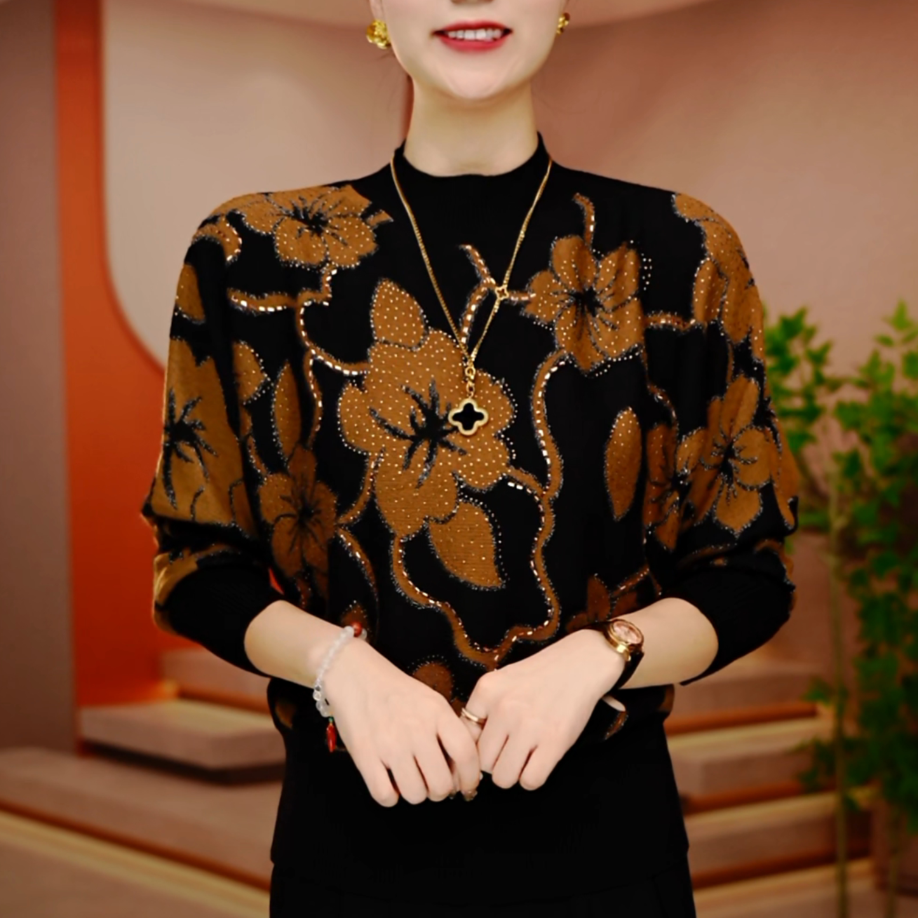 秋冬新款百搭显瘦减龄舒适透气女针织提花上衣-D251162