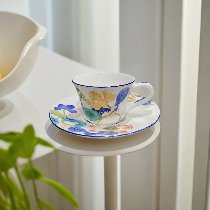 手工贴花河塘趣事荷花花卉清晰咖啡杯碟红茶杯碟（简装）