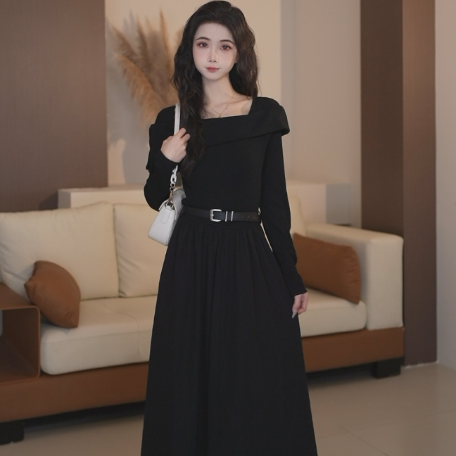 Basic House/百家好连衣裙显瘦长袖小黑裙套装复古B1335B5N922