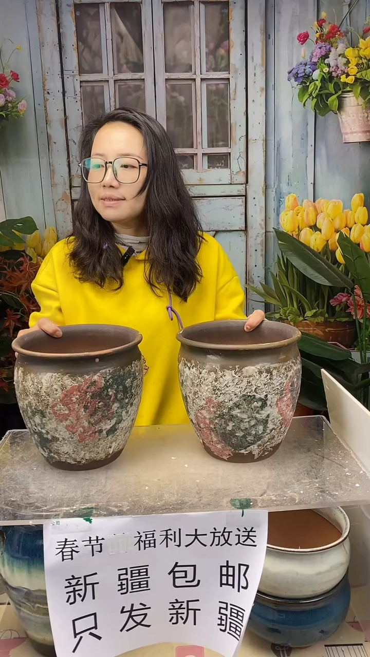 【闪购商品】红陶咖啡色手绘陶盆2个装