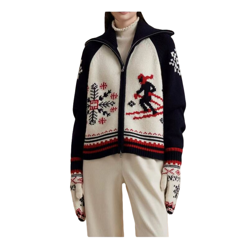 [鄂]复古费尔岛毛衣翻领滑雪提花羊绒针织衫