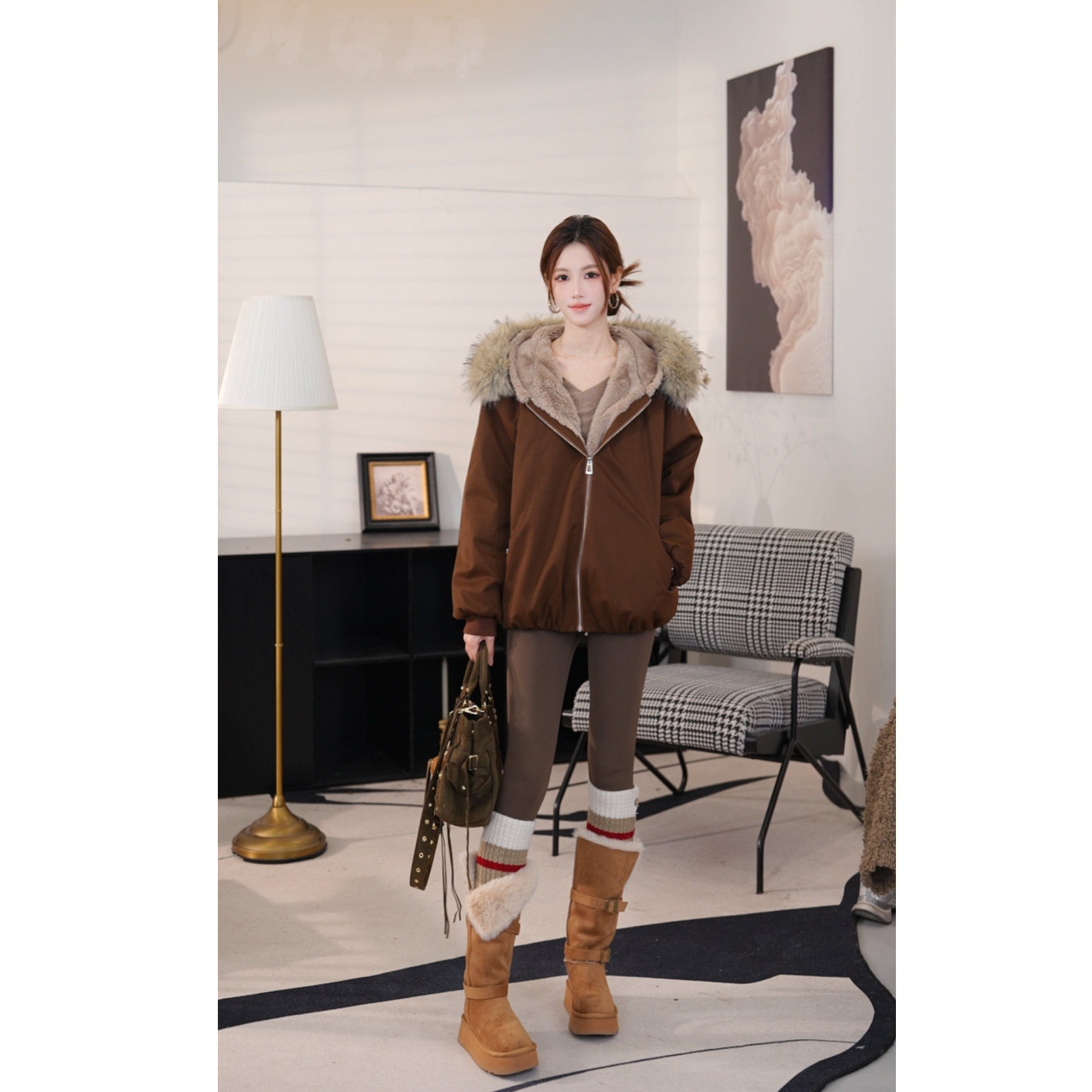 珩绣2025毛领棉服冬季加绒加厚外套重磅连帽派克服Y-T25872