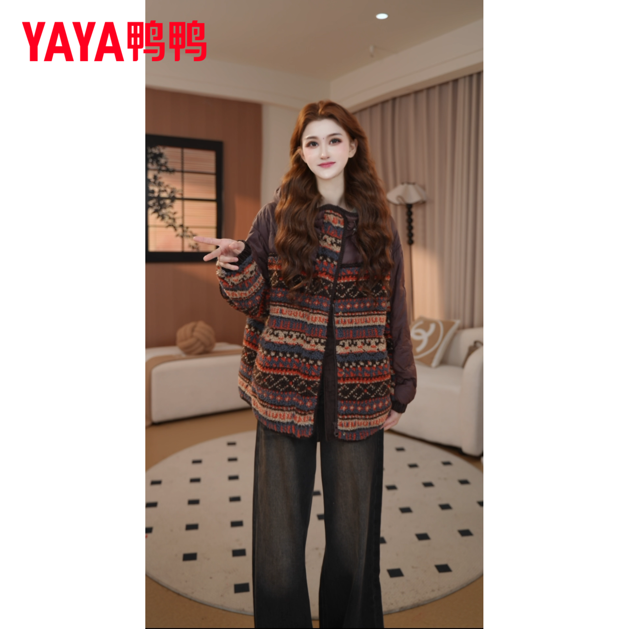 鸭鸭时尚鸭鸭羽绒服费尔岛格子中长款长袖休闲风厚款保暖冬季连帽