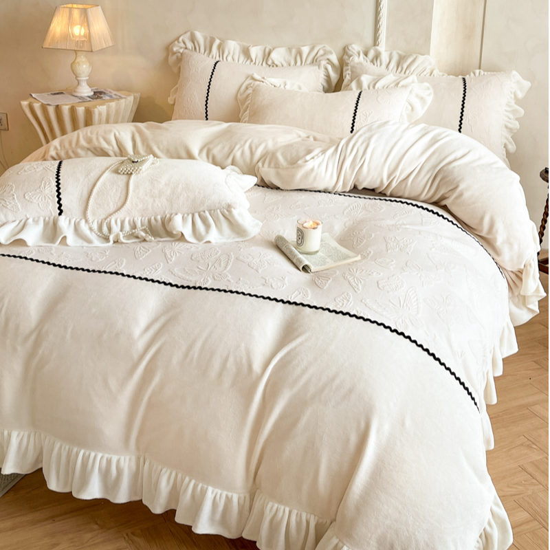 高端雕花牛奶绒床上四件套秋冬公主风荷叶边牛奶绒四件套加绒床品