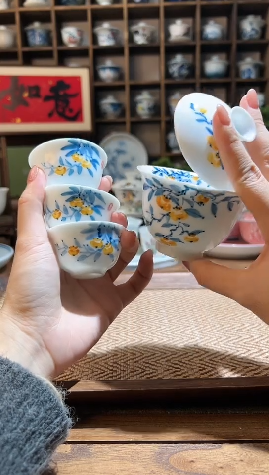 【闪购商品】手绘柿子二才盖碗+送3个客杯