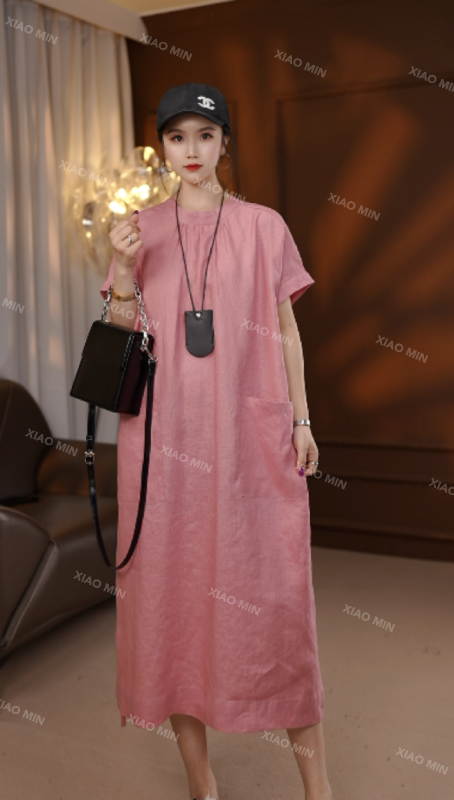 小敏2025夏季新款欧韩时尚宽松显瘦纯亚麻气质连衣裙女2508