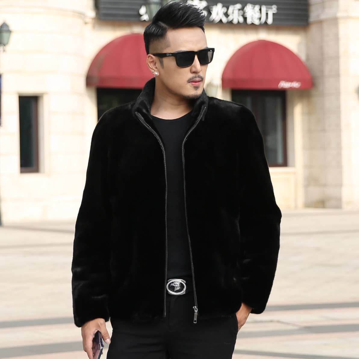 进口貂皮男装宝嘉美黑色拉链立领休闲短款真貂整貂水貂皮草大衣