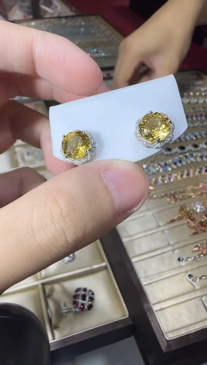 银S925镶嵌耳饰黄晶10mm玫瑰耳钉