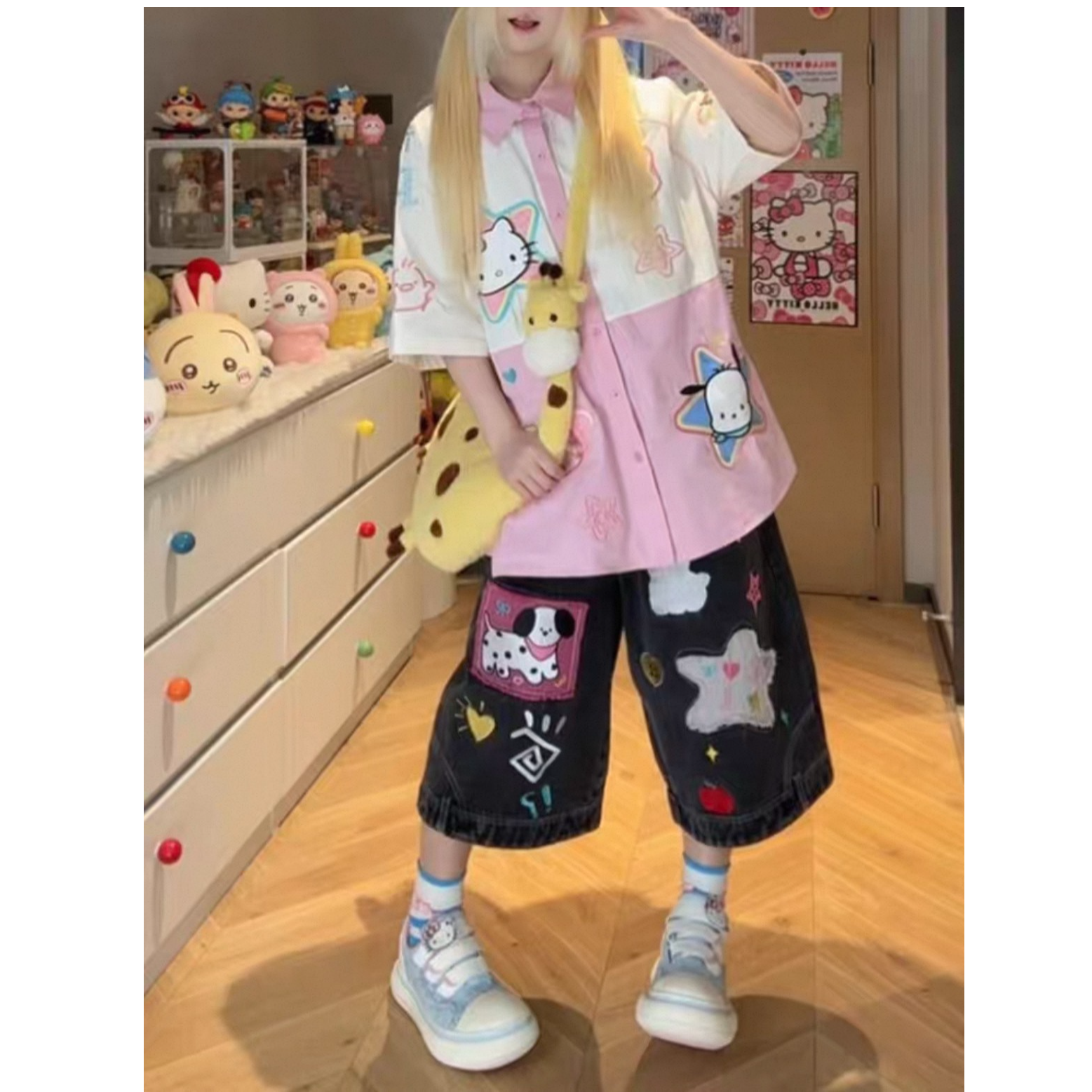 美式小狗星星贴布绣牛仔裤女夏季短裤七分裤宽松直筒设计感中裤子