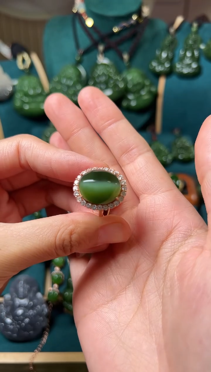 和田玉（碧玉）戒指银S925镶嵌碧玉