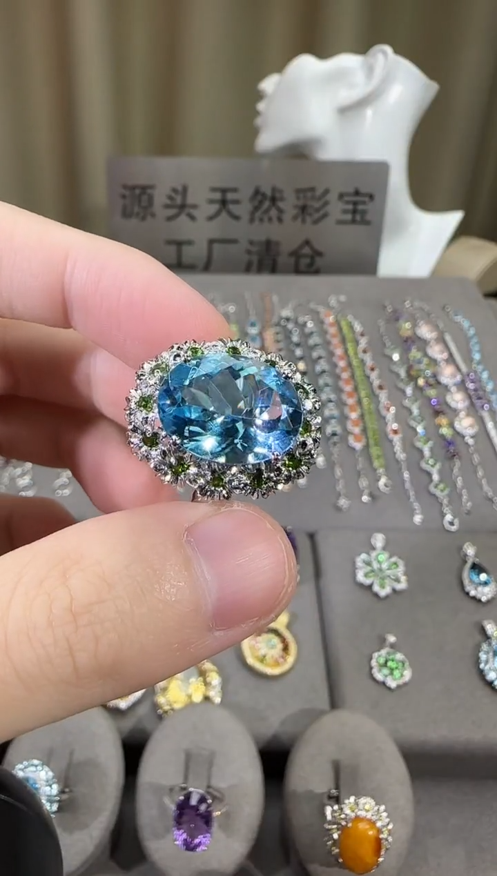 银S925镶嵌戒指托帕石12*16mm戒指妖姬蓝