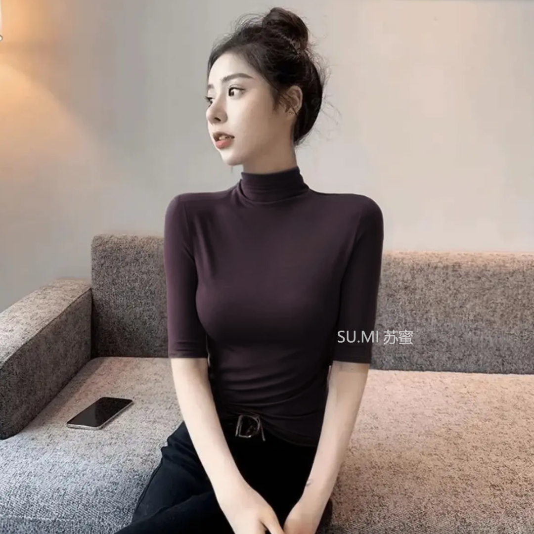 秋季新款小立领纯色半高领显瘦中袖打底衫气质五分袖百搭T恤女